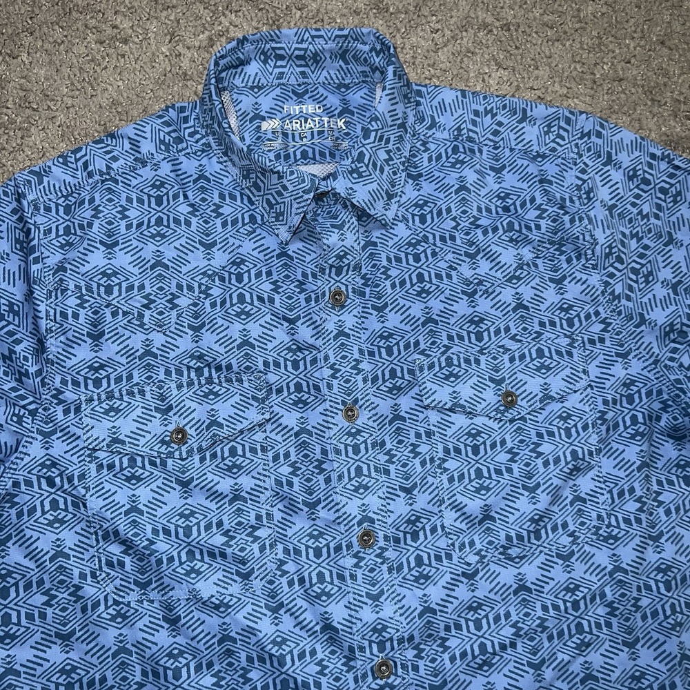 Ariat Tek Button Up Shirt Mens Small Blue Fitted Tribal Western Short Sleeve